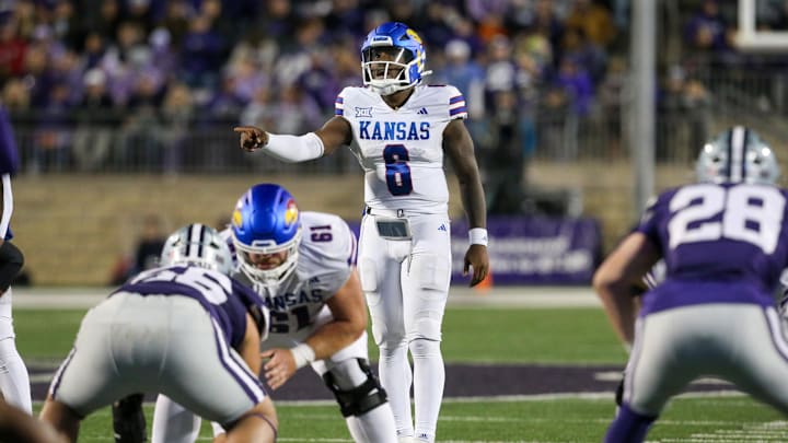 Oct 26, 2024; Manhattan, Kansas, USA; Kansas Jayhawks quarterback Jalon Daniels (6) calls a play during the third quarter against the Kansas State Wildcats at Bill Snyder Family Football Stadium.