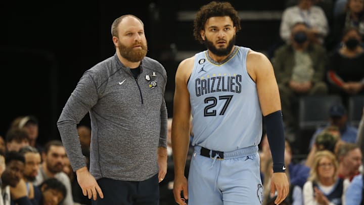 Mar 18, 2023; Memphis, Tennessee, USA; Memphis Grizzlies head coach Taylor Jenkins (left) talks with