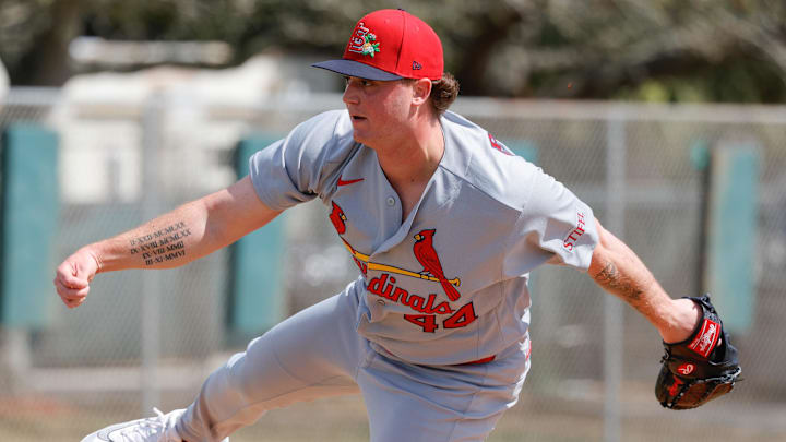 Feb 16, 2026; Jupiter, FL, USA;  St. Louis Cardinals pitcher  pitcher Gordon Graceffo (44) throws a pitch during spring training workouts at Roger Dean Stadium. Mandatory Credit: Reinhold Matay-Imagn Images