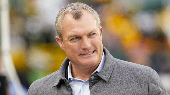 Nov 24, 2024; Green Bay, Wisconsin, USA;  San Francisco 49ers president of football operations John Lynch looks on during warmups prior to the game against the San Francisco 49ers at Lambeau Field. Mandatory Credit: Jeff Hanisch-Imagn Images