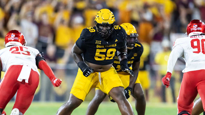 Oct 25, 2025; Tempe, Arizona, USA; Arizona State Sun Devils offensive lineman Max Iheanachor (58) against the Houston Cougars at Mountain America Stadium. Mandatory Credit: Mark J. Rebilas-Imagn Images