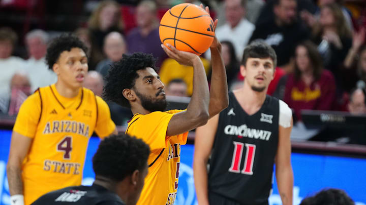Arizona State guard Moe Odum (5) shoots a free throw against Cincinnati during a game at Desert Financial Arena in Tempe, Ariz., on Jan. 24, 2026. Arizona State guard Moe Odum (5) shoots a free throw against Cincinnati during a game at Desert Financial Arena in Tempe, Ariz., on Jan. 24, 2026.