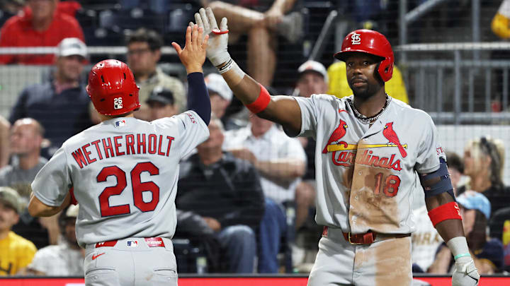 Apr 28, 2026; Pittsburgh, Pennsylvania, USA; St. Louis Cardinals second baseman JJ Wetherholt (26) celebrates scoring a run with right fielder Jordan Walker (18) against the Pittsburgh Pirates during the eighth inning at PNC Park. Mandatory Credit: Charles LeClaire-Imagn Images