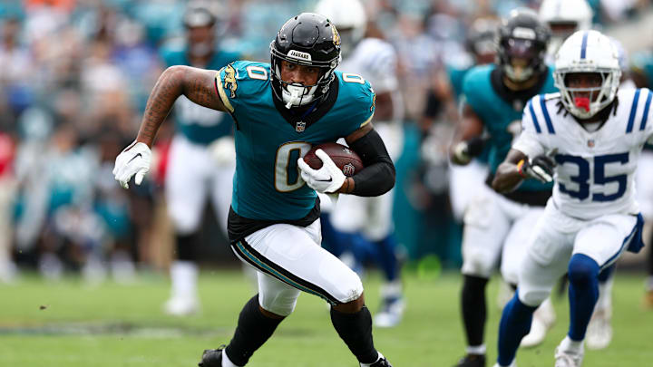 Oct 6, 2024; Jacksonville, Florida, USA; Jacksonville Jaguars wide receiver Gabe Davis (0) runs with the ball against the Indianapolis Colts in the second quarter at EverBank Stadium. Mandatory Credit: Nathan Ray Seebeck-Imagn Images