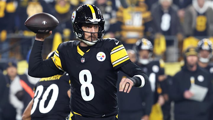 Jan 12, 2026; Pittsburgh, PA, USA; Pittsburgh Steelers quarterback Aaron Rodgers (8) throws during the first half of an AFC Wild Card Round game against the Houston Texans at Acrisure Stadium. Mandatory Credit: Charles LeClaire-Imagn Images