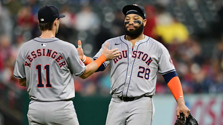 Sep 28, 2024; Cleveland, Ohio, USA; Houston Astros third baseman Grae Kessinger (11) and first baseman Jon Singleton (28) celebrate after the Astros beat the Cleveland Guardians at Progressive Field. Sep 28, 2024; Cleveland, Ohio, USA; Houston Astros third baseman Grae Kessinger (11) and first baseman Jon Singleton (28) celebrate after the Astros beat the Cleveland Guardians at Progressive Field.