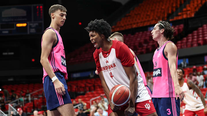 Indiana forward Sam Alexis celebrates after a basket Aug. 9, 2025, vs. Mega Superbet at Coliseo Roberto Clemente in San Juan.