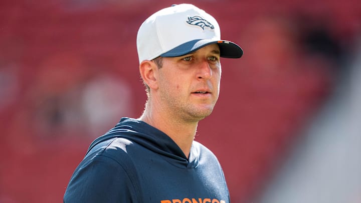 August 9, 2025; Santa Clara, California, USA; Denver Broncos offensive quality control coach Logan Kilgore before the game against the San Francisco 49ers at Levi's Stadium. 