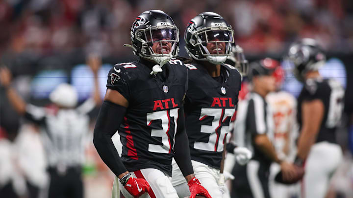 Sep 22, 2024; Atlanta, Georgia, USA; Atlanta Falcons safety Justin Simmons (31) celebrates after an interception against the Kansas City Chiefs in the first quarter at Mercedes-Benz Stadium. Mandatory Credit: Brett Davis-Imagn Images