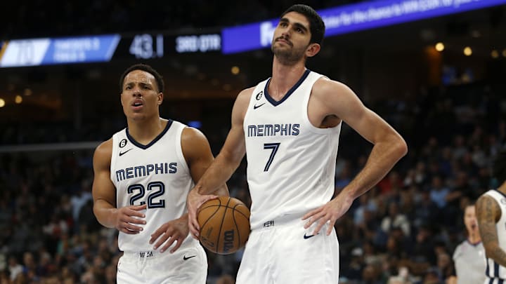 Feb 7, 2023; Memphis, Tennessee, USA; Memphis Grizzlies guard Desmond Bane (22) and forward Santi Aldama (7) react after a foul call during the second half against the Chicago Bulls at FedExForum. Mandatory Credit: Petre Thomas-Imagn Images