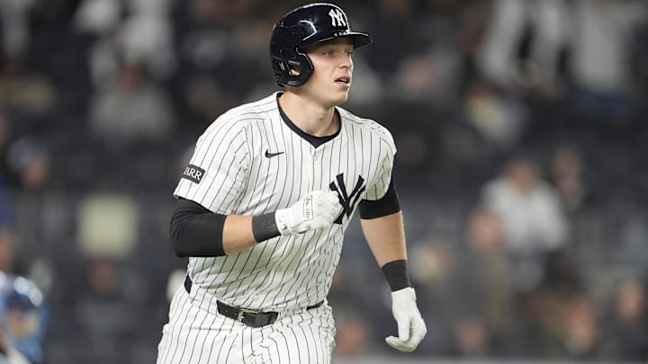 Apr 14, 2025; Bronx, New York, USA; New York Yankees designated hitter Ben Rice (22) rounds the bases after hitting a home run against the Kansas City Royals during the fifth inning at Yankee Stadium. Apr 14, 2025; Bronx, New York, USA; New York Yankees designated hitter Ben Rice (22) rounds the bases after hitting a home run against the Kansas City Royals during the fifth inning at Yankee Stadium.