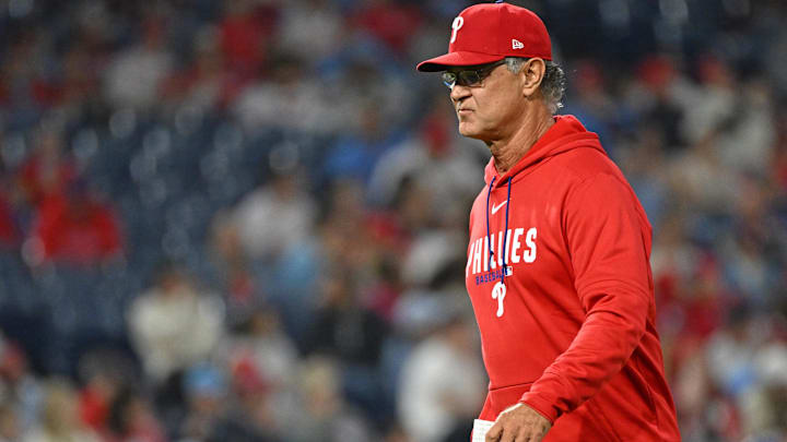 May 6, 2026; Philadelphia, Pennsylvania, USA; Philadelphia Phillies interim manager Don Mattingly (8) walks off the field after making a pitching change against the Athletics during the eighth inning at Citizens Bank Park.