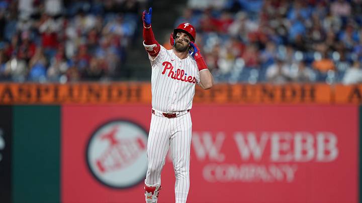 Jul 21, 2026; Philadelphia, Pennsylvania, USA; Philadelphia Phillies infielder Bryce Harper (3) reacts after hitting a double against the Los Angeles Dodgers in the first inning at Citizens Bank Park. Mandatory Credit: Kyle Ross-Imagn Images