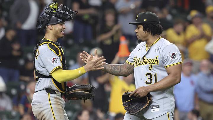 Jun 2, 2026; Houston, Texas, USA; Pittsburgh Pirates catcher Endy Rodriguez (13) celebrates with pitcher Gregory Soto (31) after the game against the Houston Astros at Daikin Park. Mandatory Credit: Troy Taormina-Imagn Images Jun 2, 2026; Houston, Texas, USA; Pittsburgh Pirates catcher Endy Rodriguez (13) celebrates with pitcher Gregory Soto (31) after the game against the Houston Astros at Daikin Park. Mandatory Credit: Troy Taormina-Imagn Images