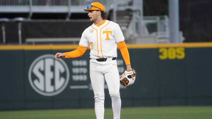 Tennessee infielder Gavin Kilen (6) on the field at the Tennessee baseball season opener against Hofstra, in Lindsey Nelson Stadium at University of Tennessee in Knoxville, Tenn., Friday, February. 14, 2025.