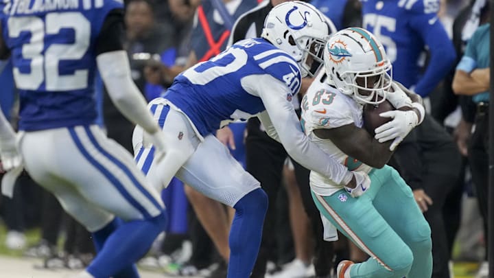 Indianapolis Colts cornerback Jaylon Jones (40) pushes Miami Dolphins wide receiver Malik Washington (83) off the field during a game against the Miami Dolphins at Lucas Oil Stadium. Indianapolis Colts cornerback Jaylon Jones (40) pushes Miami Dolphins wide receiver Malik Washington (83) off the field during a game against the Miami Dolphins at Lucas Oil Stadium.