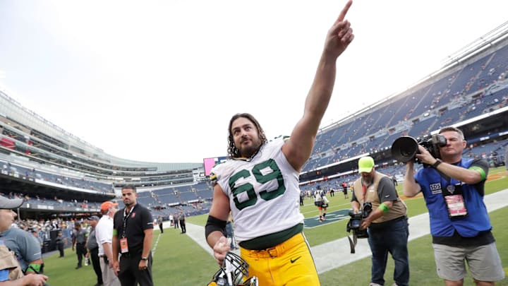 Green Bay Packers offensive tackle David Bakhtiari (69) celebrates a victory against the Chicago