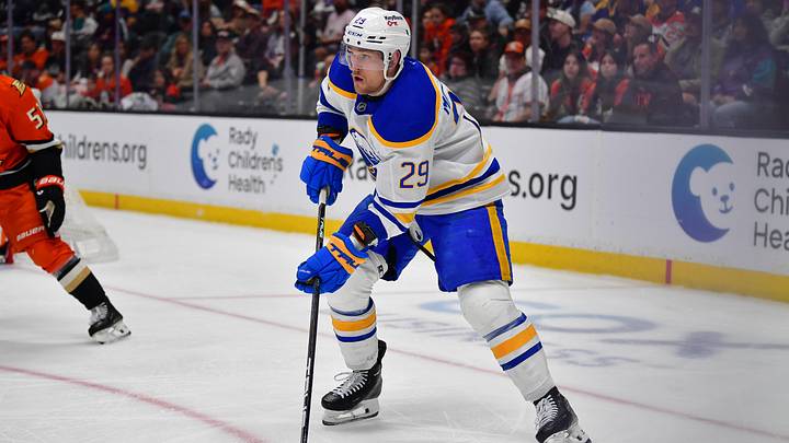 Mar 22, 2026; Anaheim, California, USA; Buffalo Sabres left wing Beck Malenstyn (29) controls the puck against the Ahaheim Ducks during the third period at Honda Center. Mandatory Credit: Gary A. Vasquez-Imagn Images Mar 22, 2026; Anaheim, California, USA; Buffalo Sabres left wing Beck Malenstyn (29) controls the puck against the Ahaheim Ducks during the third period at Honda Center. Mandatory Credit: Gary A. Vasquez-Imagn Images