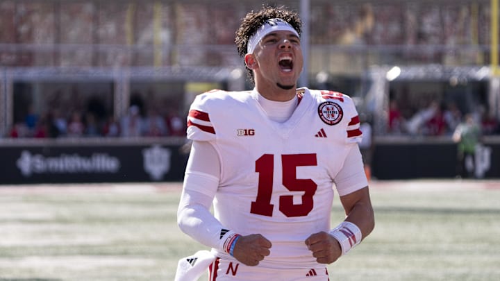 Oct 19, 2024; Bloomington, Indiana, USA; Nebraska Cornhuskers quarterback Dylan Raiola (15) performs his pregame celebration before a game against the Indiana Hoosiers at Memorial Stadium. Mandatory Credit: Jacob Musselman-Imagn Images