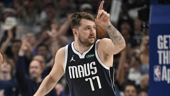 May 26, 2024; Dallas, Texas, USA; Dallas Mavericks guard Luka Doncic (77) reacts in the second quarter against the Minnesota Timberwolves during game three of the western conference finals for the 2024 NBA playoffs at American Airlines Center. Mandatory Credit: Jerome Miron-Imagn Images May 26, 2024; Dallas, Texas, USA; Dallas Mavericks guard Luka Doncic (77) reacts in the second quarter against the Minnesota Timberwolves during game three of the western conference finals for the 2024 NBA playoffs at American Airlines Center. Mandatory Credit: Jerome Miron-Imagn Images