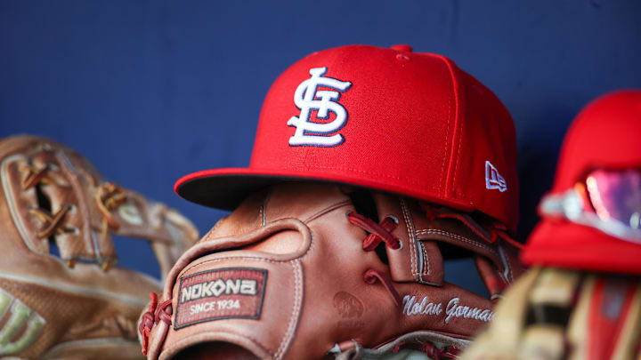 Sep 5, 2023; Atlanta, Georgia, USA; A detailed view of the hat and glove of St. Louis Cardinals second baseman Nolan Gorman (not pictured) before a game against the Atlanta Braves at Truist Park. Mandatory Credit: Brett Davis-Imagn Images Sep 5, 2023; Atlanta, Georgia, USA; A detailed view of the hat and glove of St. Louis Cardinals second baseman Nolan Gorman (not pictured) before a game against the Atlanta Braves at Truist Park. Mandatory Credit: Brett Davis-Imagn Images