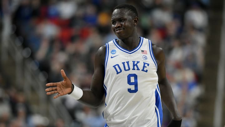 Mar 21, 2025; Raleigh, NC, USA; Duke Blue Devils center Khaman Maluach (9) celebrates during the first half against the Mount St. Mary's Mountaineers in the first round of the NCAA Tournament at Lenovo Center. Mandatory Credit: Zachary Taft-Imagn Images