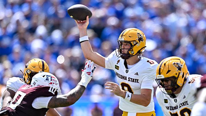 Sep 12, 2026; College Station, Texas, USA; Arizona State Sun Devils quarterback Cutter Boley (8) throws a pass as Texas A&M Aggies defensive end Marco Jones (10) pressures during the second quarter at Kyle Field. Mandatory Credit: Maria Lysaker-Imagn Images
