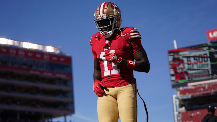 Oct 20, 2024; Santa Clara, California, USA; San Francisco 49ers wide receiver Brandon Aiyuk (11) walks on the field before the start of the game against the Kansas City Chiefs at Levi's Stadium. Mandatory Credit: Cary Edmondson-Imagn Images