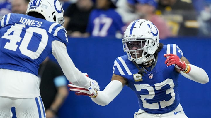 Nov 10, 2024; Indianapolis, Indiana, USA; Indianapolis Colts cornerback Kenny Moore II (23) celebrates with Indianapolis Colts cornerback Jaylon Jones (40) after making an interception Sunday, Nov. 10, 2024, during a game against the Buffalo Bills at Lucas Oil Stadium in Indianapolis. Mandatory Credit: Grace Hollars-USA TODAY Network via Imagn Images Nov 10, 2024; Indianapolis, Indiana, USA; Indianapolis Colts cornerback Kenny Moore II (23) celebrates with Indianapolis Colts cornerback Jaylon Jones (40) after making an interception Sunday, Nov. 10, 2024, during a game against the Buffalo Bills at Lucas Oil Stadium in Indianapolis. Mandatory Credit: Grace Hollars-USA TODAY Network via Imagn Images