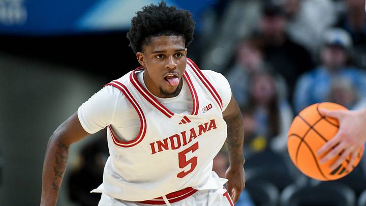 Oct 18, 2026; Indianapolis, IN, USA; Indiana Hoosiers guard Markus Burton (5) reacts against the North Carolina Tar Heels during the second half at Gainbridge Fieldhouse. Mandatory Credit: Robert Goddin-Imagn Images