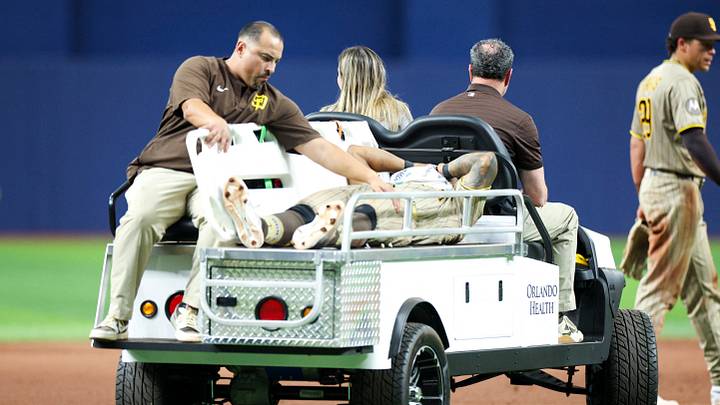 Aug 29, 2026; St. Petersburg, Florida, USA; San Diego Padres second baseman Luis Rengifo (21) is carted off the field against the Tampa Bay Rays in the seventh inning at Tropicana Field. Mandatory Credit: Nathan Ray Seebeck-Imagn Images Aug 29, 2026; St. Petersburg, Florida, USA; San Diego Padres second baseman Luis Rengifo (21) is carted off the field against the Tampa Bay Rays in the seventh inning at Tropicana Field. Mandatory Credit: Nathan Ray Seebeck-Imagn Images
