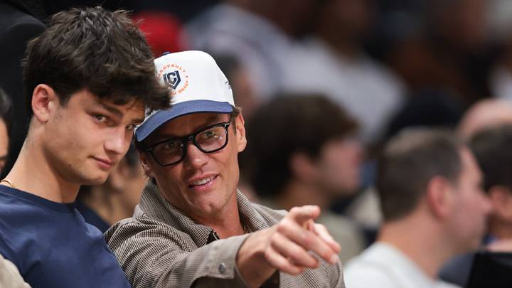 Apr 1, 2026; Miami, Florida, USA; Tom Brady and his son Jack attend the game between the Miami Heat and the Boston Celtics at Kaseya Center. Apr 1, 2026; Miami, Florida, USA; Tom Brady and his son Jack attend the game between the Miami Heat and the Boston Celtics at Kaseya Center.
