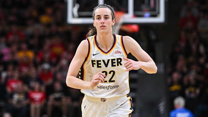 May 4, 2025; Iowa City, IA, USA; Indiana Fever guard Caitlin Clark (22) in action against the Brazil National Team at Carver-Haweye Arena. Mandatory Credit: Jeffrey Becker-Imagn Images
