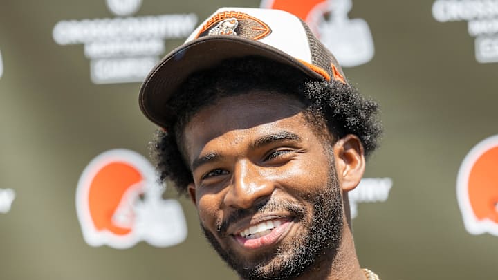 May 10, 2025; Berea, OH, USA; Cleveland Browns quarterback Shedeur Sanders (12) talks to the media during rookie minicamp at CrossCountry Mortgage Campus. Mandatory Credit: Ken Blaze-Imagn Images May 10, 2025; Berea, OH, USA; Cleveland Browns quarterback Shedeur Sanders (12) talks to the media during rookie minicamp at CrossCountry Mortgage Campus. Mandatory Credit: Ken Blaze-Imagn Images