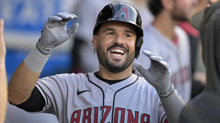 Jul 12, 2025; Anaheim, California, USA; Arizona Diamondbacks third baseman Eugenio Suarez (28) celebrates in the dugout after his second solo home run of the game during the fourth inning against the Los Angeles Angels at Angel Stadium. Mandatory Credit: Jayne Kamin-Oncea-Imagn Images Jul 12, 2025; Anaheim, California, USA; Arizona Diamondbacks third baseman Eugenio Suarez (28) celebrates in the dugout after his second solo home run of the game during the fourth inning against the Los Angeles Angels at Angel Stadium. Mandatory Credit: Jayne Kamin-Oncea-Imagn Images
