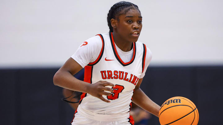 Ursuline Academy Jezelle Banks (3) dribbles the ball down the court during a regular season basketball game between No. 3 Sanford and No. 1 Ursuline Thursday, Feb. 13, 2025; at Ursuline gym in Wilmington, Del. Ursuline Academy Jezelle Banks (3) dribbles the ball down the court during a regular season basketball game between No. 3 Sanford and No. 1 Ursuline Thursday, Feb. 13, 2025; at Ursuline gym in Wilmington, Del.