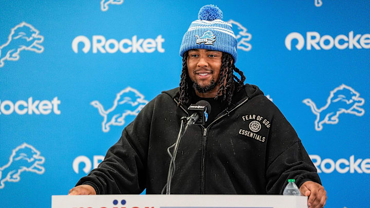 Detroit Lions first round draft selection Tyleik Williams speaks during the introduction press conference at Meijer Performance Center In Allen Park on Friday, April 25, 2025.