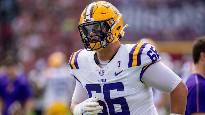 Sep 14, 2024; Columbia, South Carolina, USA; LSU Tigers offensive tackle Will Campbell (66) warms up before a game against the South Carolina Gamecocks at Williams-Brice Stadium. Mandatory Credit: Scott Kinser-Imagn Images