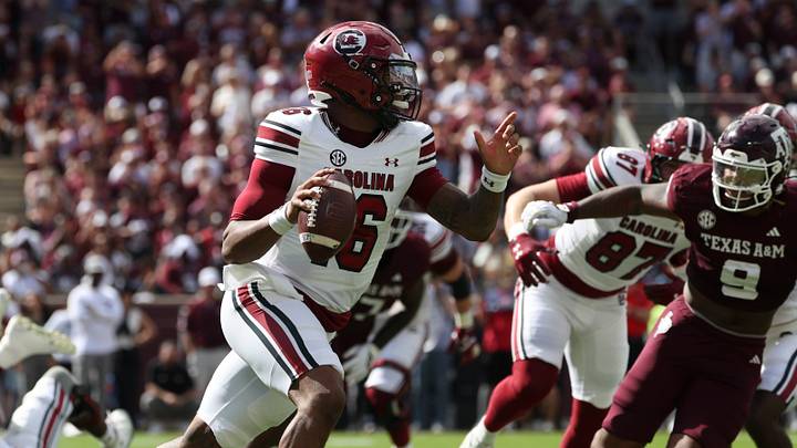 Nov 15, 2025; College Station, Texas, USA; South Carolina Gamecocks quarterback Lanorris Sellers (16) scrambles with the ball during the second quarter against the Texas A&M Aggies at Kyle Field. Mandatory Credit: Troy Taormina-Imagn Images