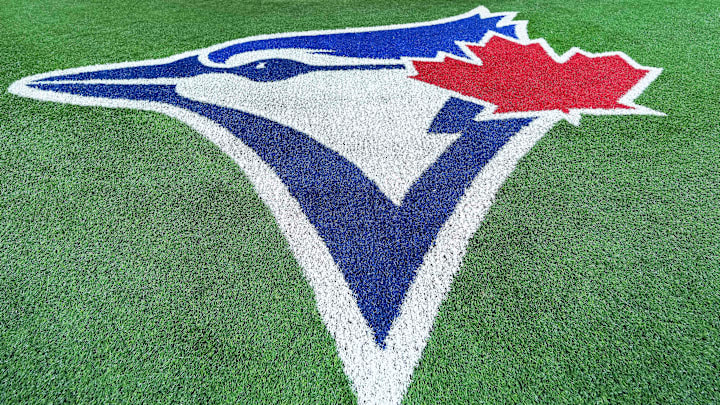 Mar 27, 2025; Toronto, Ontario, CAN;  A general view of the Toronto Blue Jays logo during Opening Day before a game against the Baltimore Orioles at Rogers Centre. Mandatory Credit: Nick Turchiaro-Imagn Images