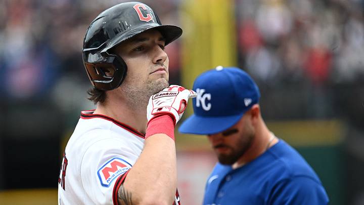 Aug 30, 2026: Cleveland Guardians right fielder Chase DeLauter (24) celebrates after advancing to third on an error after hitting a double during the first inning against the Kansas City Royals at Progressive Field. Credit: Ken Blaze-Imagn Images