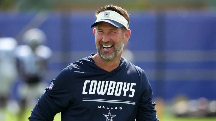 Dallas Cowboys head coach Brian Schottenheimer reacts during a joint practice against the Los Angeles Rams Dallas Cowboys head coach Brian Schottenheimer reacts during a joint practice against the Los Angeles Rams