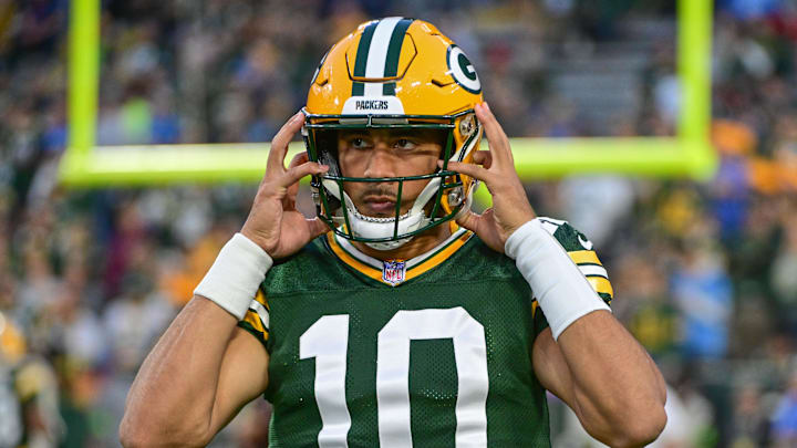 Sep 28, 2023; Green Bay, Wisconsin, USA; Green Bay Packers quarterback Jordan Love (10) before