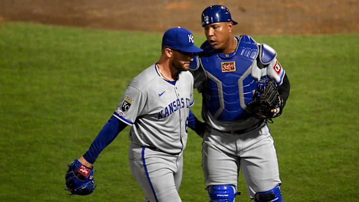 Apr 30, 2025; St. Petersburg, Florida, USA; Kansas City Royals starting pitcher Noah Cameron (65) talks with catcher Salvador Perez (13) after the sixth inning against the Tampa Bay Rays at George M. Steinbrenner Field. Mandatory Credit: Jonathan Dyer-Imagn Images Apr 30, 2025; St. Petersburg, Florida, USA; Kansas City Royals starting pitcher Noah Cameron (65) talks with catcher Salvador Perez (13) after the sixth inning against the Tampa Bay Rays at George M. Steinbrenner Field. Mandatory Credit: Jonathan Dyer-Imagn Images