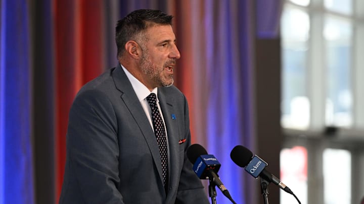 Jan 13, 2025; Foxborough, MA, USA; Mike Vrabel addresses media at a press conference at Gillette Stadium to announce his hiring as the New England Patriots head coach. Mandatory Credit: Eric Canha-Imagn Images