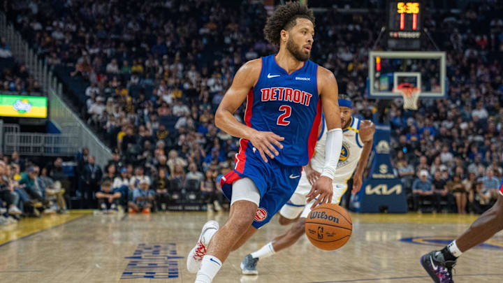 Oct 13, 2024; San Francisco, California, USA;  Detroit Pistons guard Cade Cunningham (2): Neville E. Guard-Imagn Images