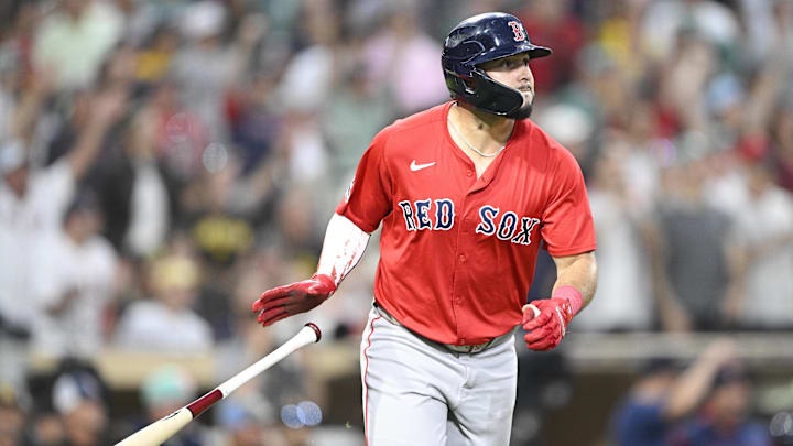 Aug 8, 2025; San Diego, California, USA; Boston Red Sox right fielder Wilyer Abreu (52) hits a two-run home run during the fourth inning against the San Diego Padres at Petco Park. Mandatory Credit: Denis Poroy-Imagn Images