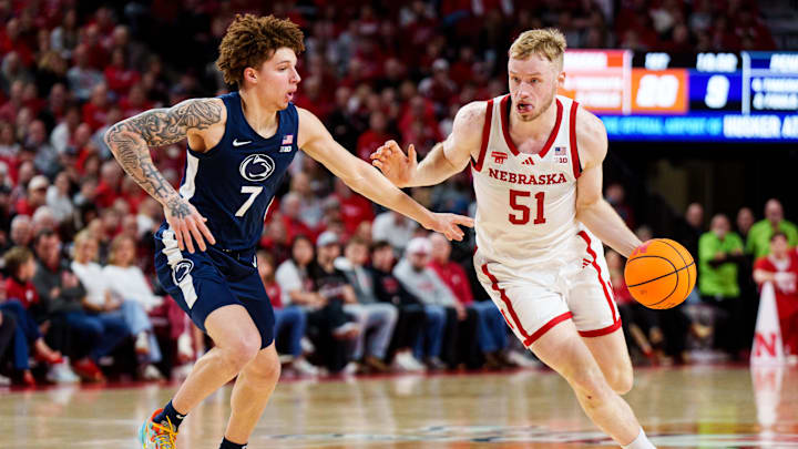 Nebraska forward Rienk Mast drives against Penn State guard Dominick Stewart in recent game at Pinnacle Bank Arena. 