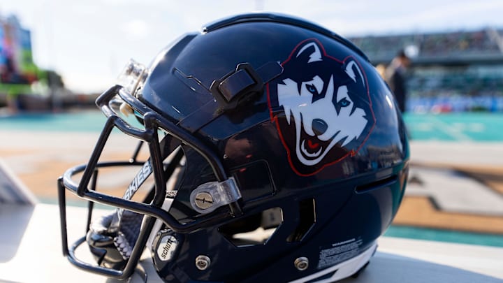 Dec 19, 2022; Conway, South Carolina, USA; General view of a Connecticut Huskies helmet during the first half against the Marshall Thundering Herd at Brooks Stadium. Mandatory Credit: David Yeazell-Imagn Images