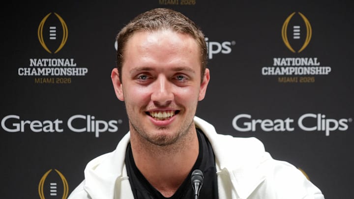 Jan 17, 2026; Miami Gardens, FL, USA; Miami Hurricanes quarterback Carson Beck (11) talks to the media during media day for the 2025 College Football Playoff National Championship at Miami Beach Convention Center. Mandatory Credit: Kirby Lee-Imagn Images